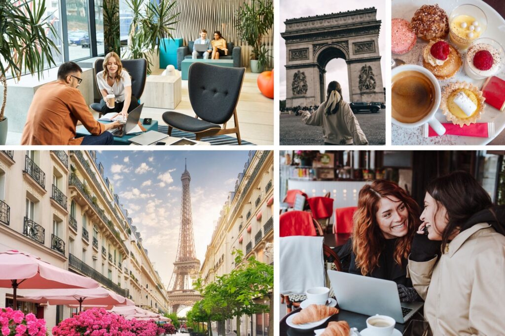 Personas trabajando en un coworking, tomando un café con croissante, la imagen de la Torre Eiffel y del Arco del Triunfo en París.