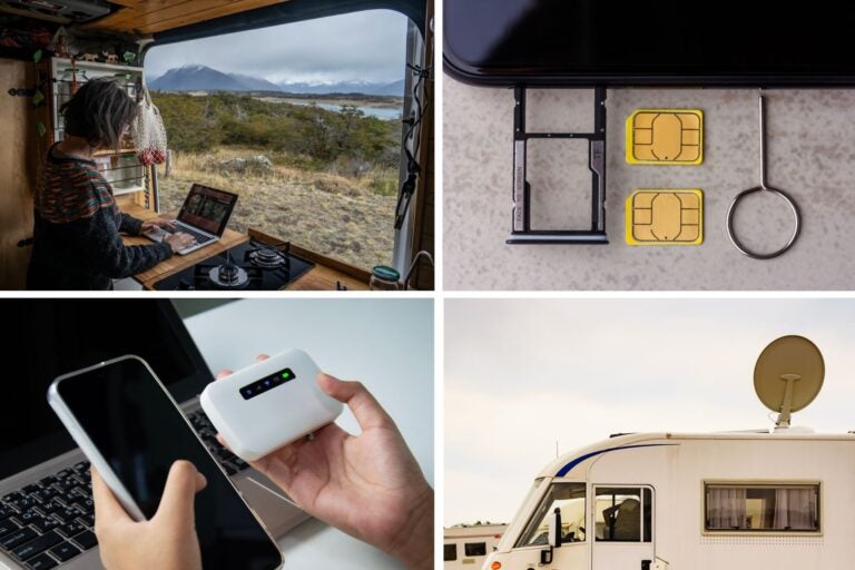 Una persona teletrabajando desde una autocaravana, dos SiM, un router portátil y una antena satelital.
