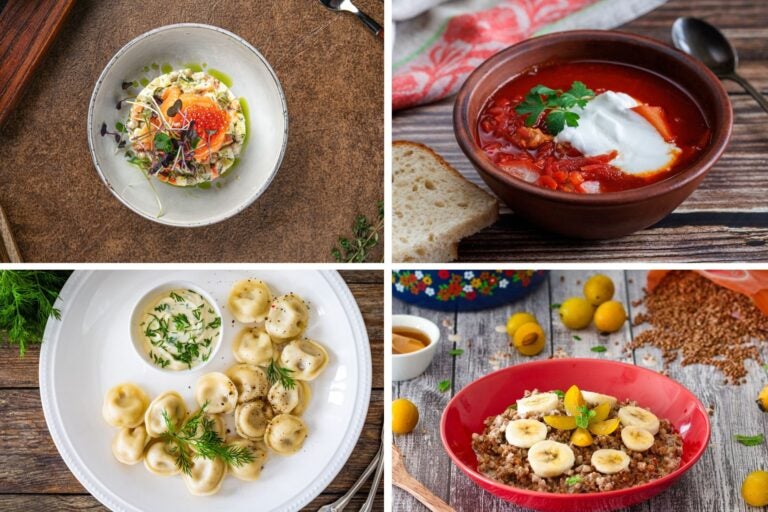 Platos de comida rusa: sopa de remolacha, empanadillas, ensalada y avena.