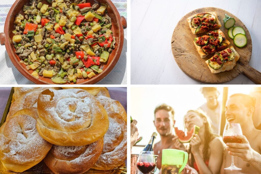 Platos típicos de la gastronomía mallorquina: ensaimada, frito y coca.