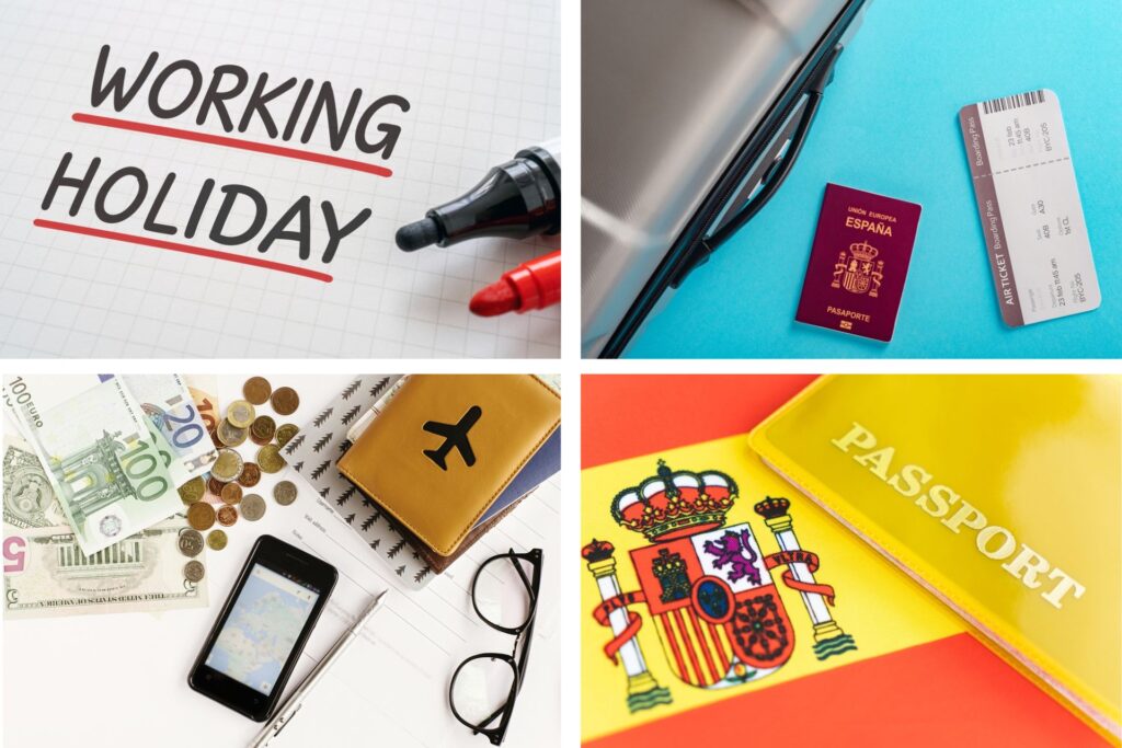 Pasaporte español, maleta, dinero y las palabras escritas Working Holiday.
