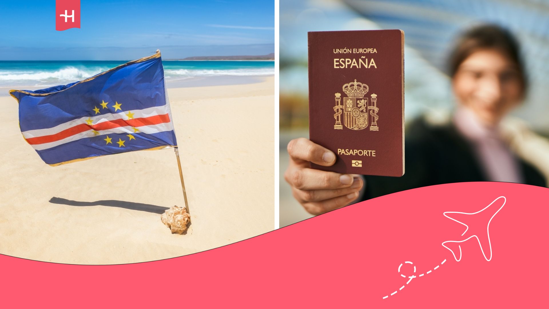 Bandera de Cabo Verde en la playa y mujer con un pasaporte español