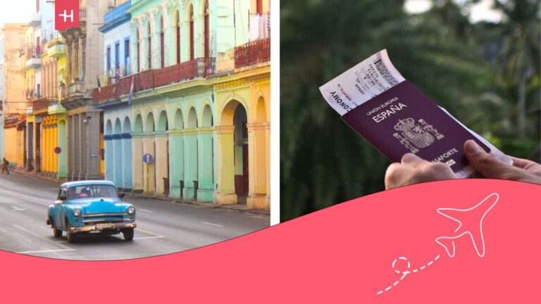 Barrio cubano con casas de colores y un coche antiguo. En otra imagen un pasaporte español