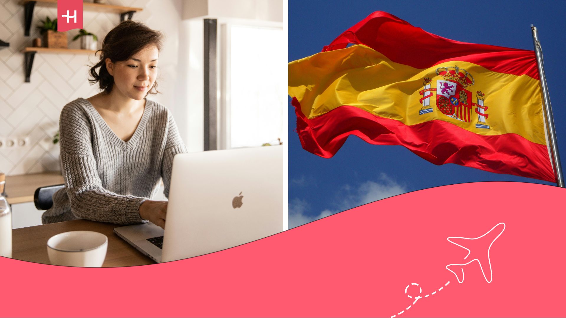 Mujer con ordenador trabajando en su casa y en otra imagen la bandera de España.