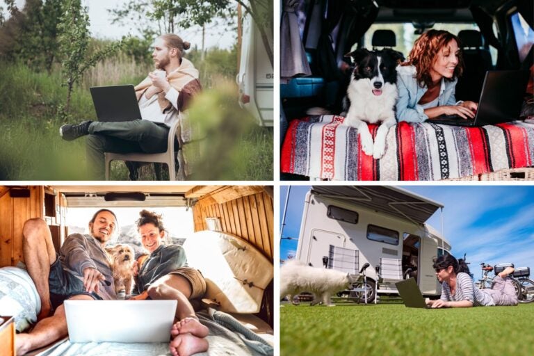 Varias personas en autocaravanas teletrabajando, viendo una película en pareja y con sus mascotas.
