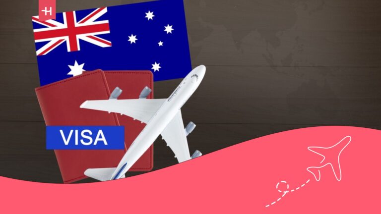 Imagen de un avión, bandera australiana y visa.