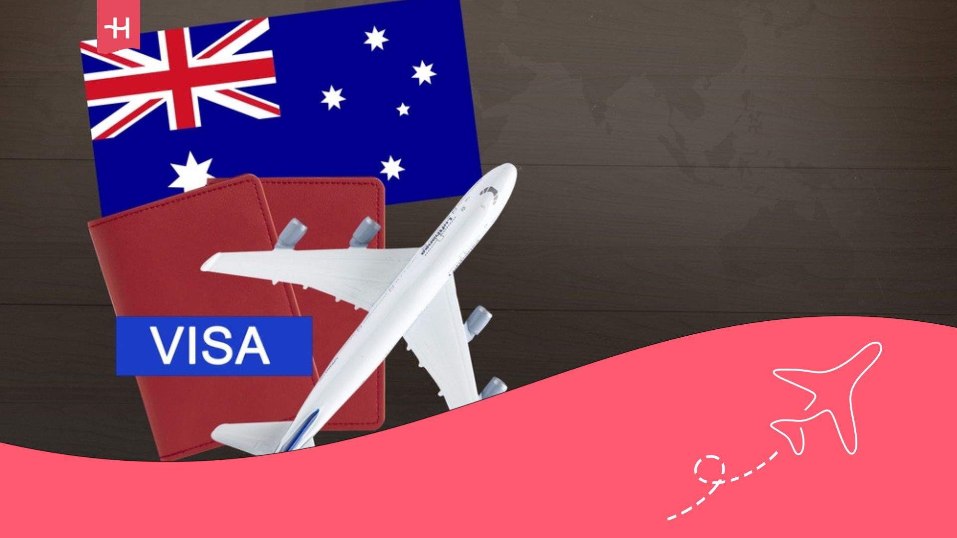 Imagen de un avión, bandera australiana y visa.