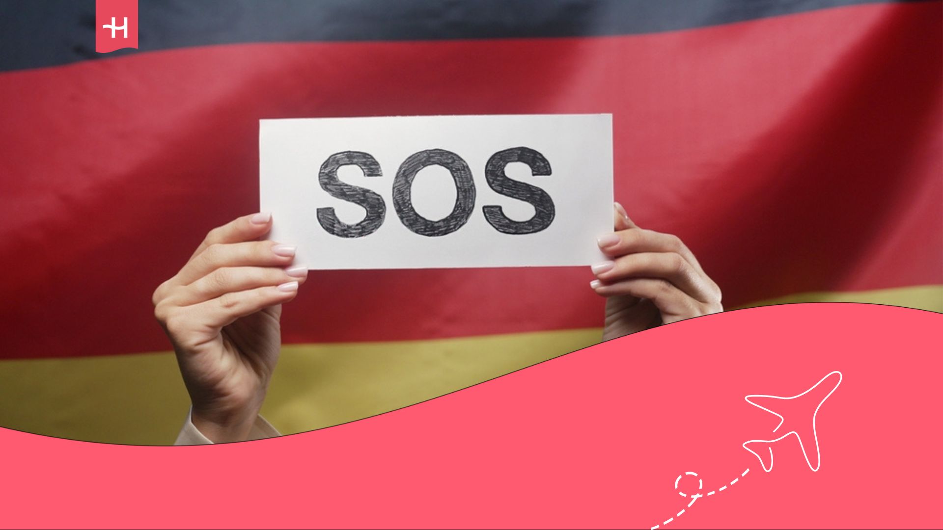 Bandera alemana con unas manos sujetando un cartel de SOS.
