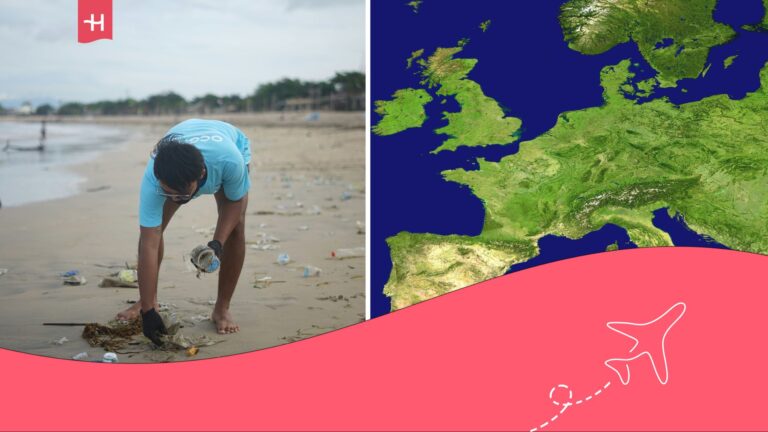 Imagen de voluntario recogiendo la basura de una playa y en otra imagen el mapa de Europa.