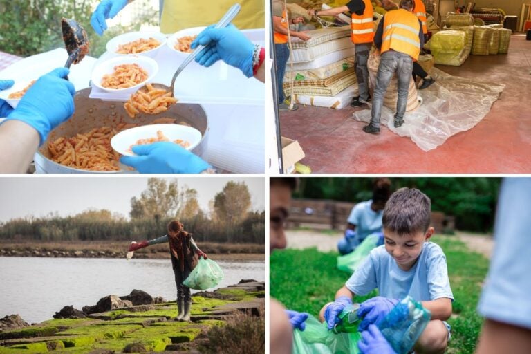 Voluntarios en Italia realizando diferentes actividades solidarias.: repartir macarrones, recoger basura o plantar semillas.