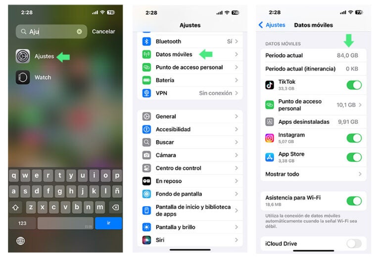 Captura de pantalla que muestra cómo saber cuántos datos me quedan en iPhone