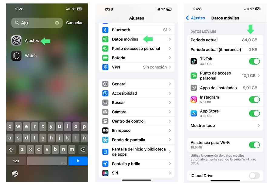 Captura de pantalla que muestra cómo saber cuántos datos me quedan en iPhone