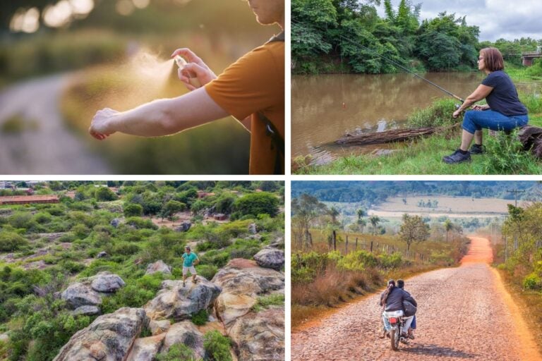 Una mujer pescando, una pareja en moto, un hombre en la montaña y una persona poniéndose repelente para mosquitos en Paraguay.