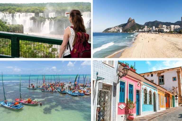 Varios paisajes de Brasil, playas, barquitas, casas de colores y mujer admirando una cascada.