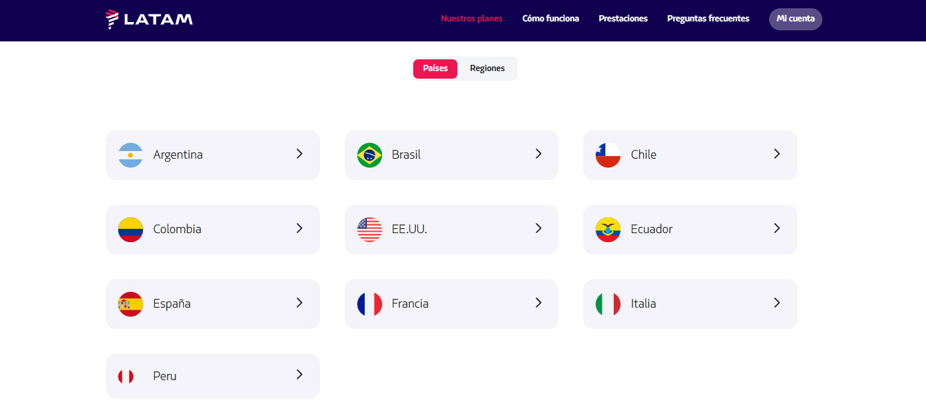 Planes por países de la eSIM LATAM Airlines