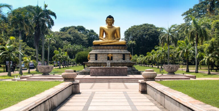 Estatua dorada de Buda en el parque Viharamahadevi
