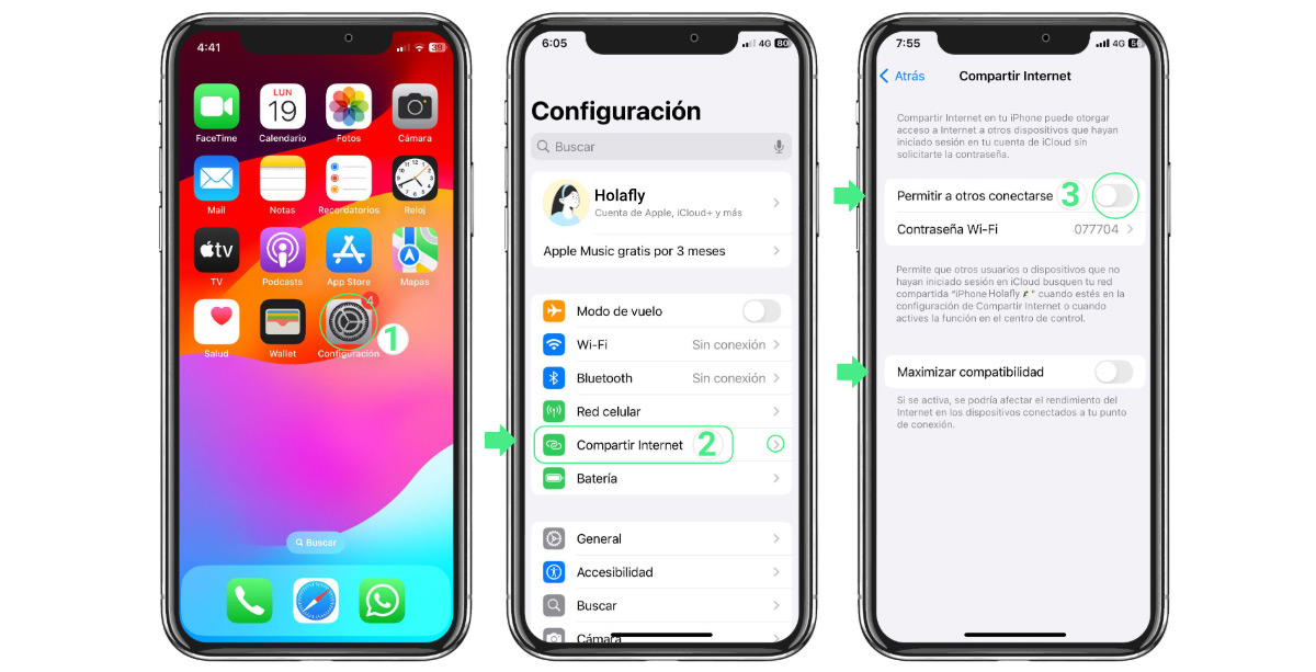 Pasos para verificar que la función de compartir Internet esté activada en iPhone.
