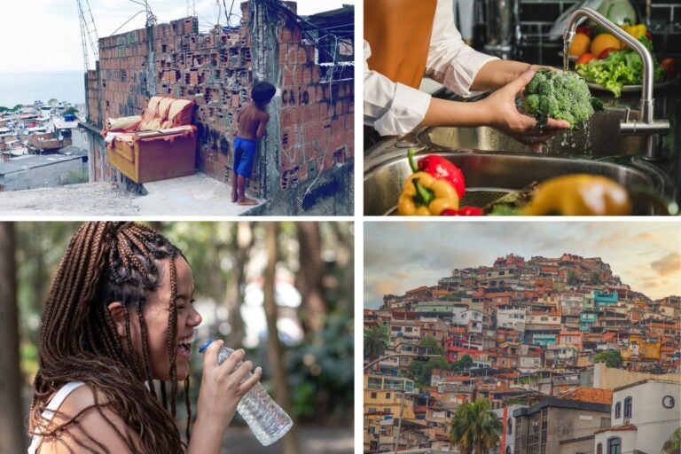 Favelas de Rio de Janeiro en Brasil, mujer bebiendo agua embotellada y persona lavando verduras.