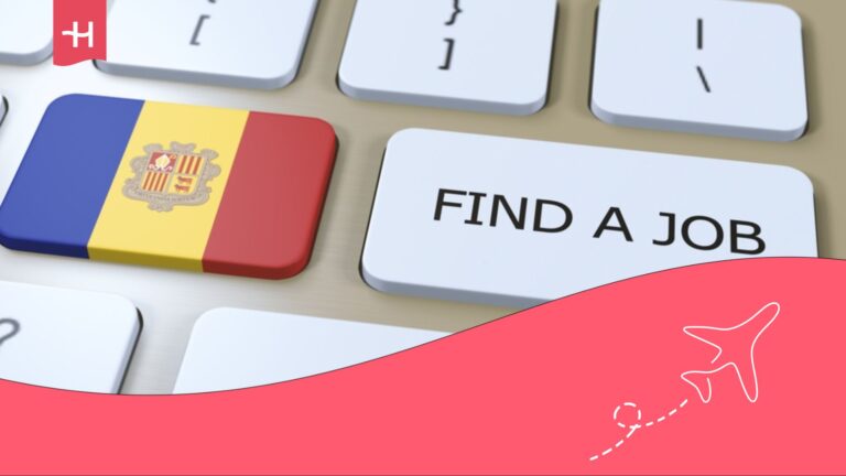 Teclado de ordenador con la bandera de Andorra y la frase "Find a Job".