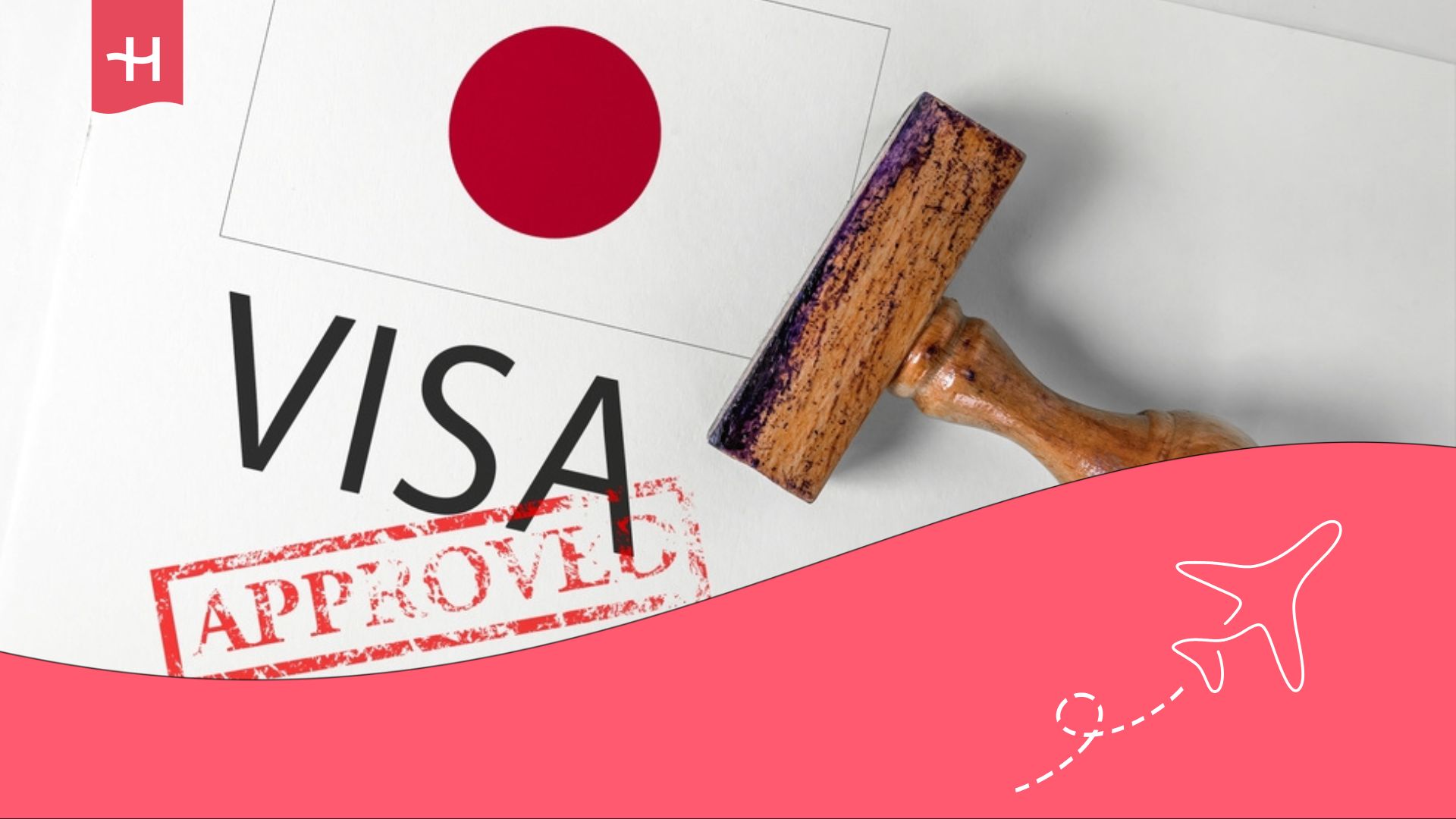 Bandera de Japón con un sello de aprobación de la visa.