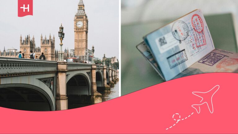 Puente de Londres con Big Ben al fondo y en otra imagen un pasaporte con sellos.