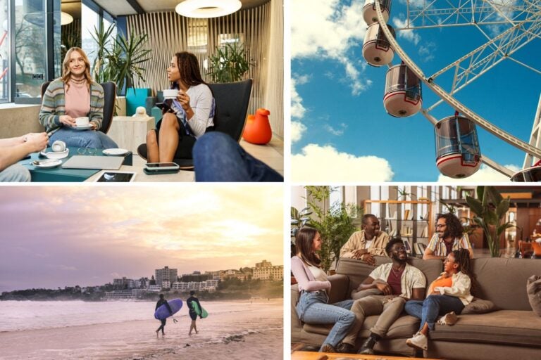 Personas charlando y tomando café dentro de un coliving, por otro lado, una imagen de dos personas con tabla de surf en una playa de Sídney y una noria.