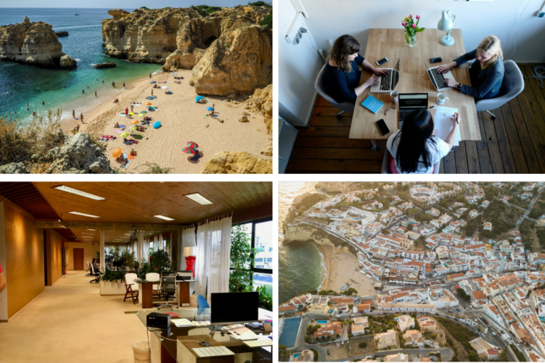 Imágenes que representan diferentes zonas de Algarve y los coliving.