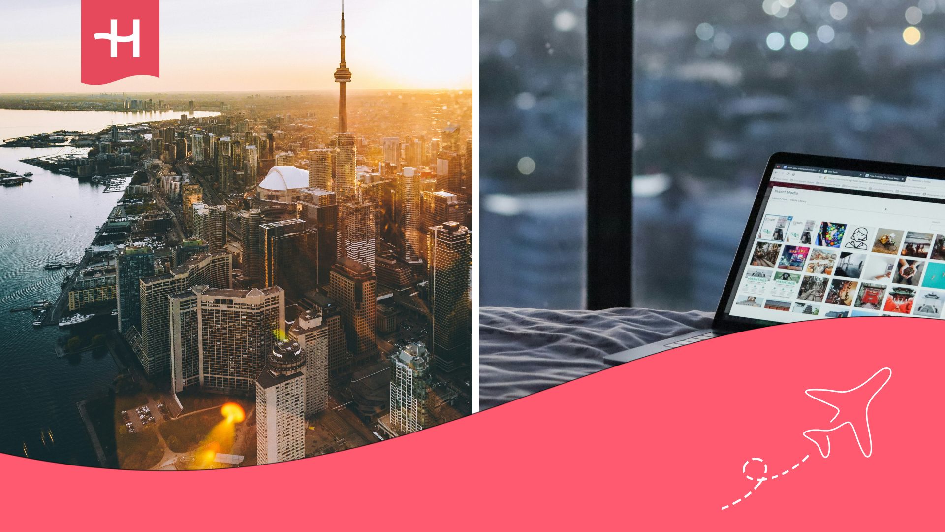 Ciudad de Toronto y en otra imagen un ordenador desde una habitación.