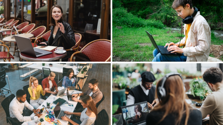 Nómadas digitales trabajando individualmente y en grupo en un coliving en Francia.