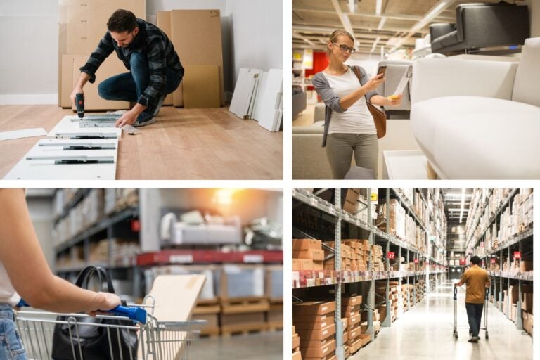 Personas comprando en Ikea y montando muebles en casa.