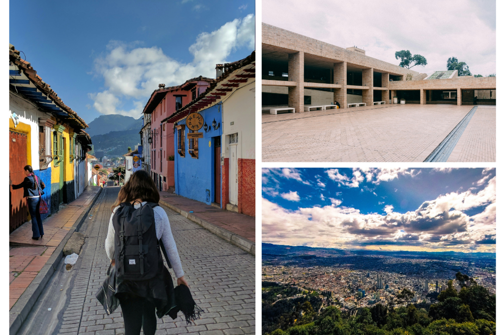 Persona en el centro de Bogotá, biblioteca y panorámica de los mejores barrios para vivir en Bogotá