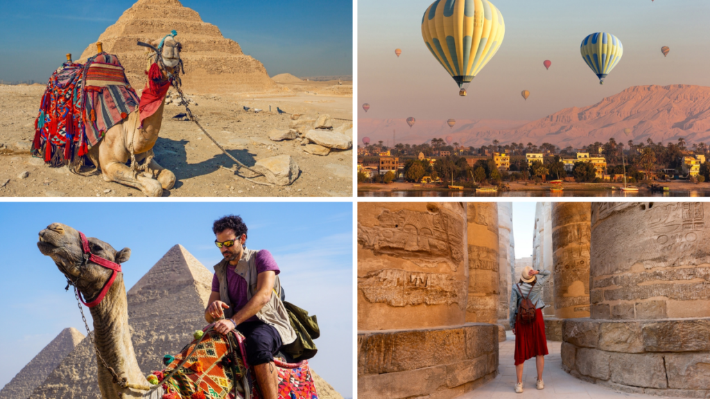 Opciones turísticas en Egipto: montar en camello para ir a las pirámides, montar en globo y visitar lugares históricos con los mejores seguros de viaje.
