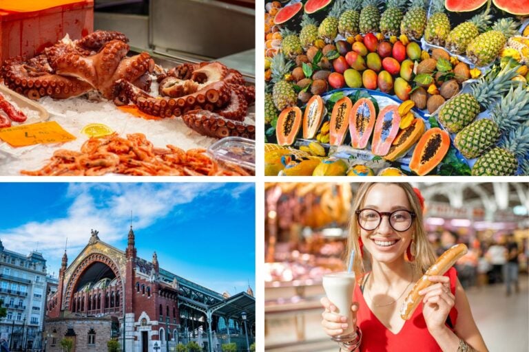 Mercado Central de Valencia, frutas, marisco y chica comiendo un fartón con horchata.