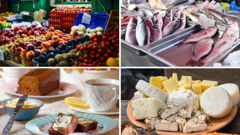 Productos que ofrecen los supermercados de Malta. Quesos, panes, frutas, pescados.