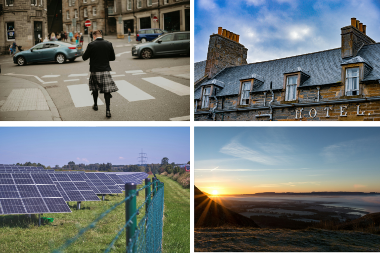 imágenes que representan los trabajos con mayor demanda en Escocia, una persona por la calle, un hotel, paneles solares y turismo