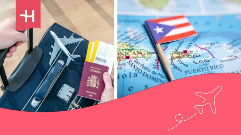 Bandera de Puerto Rico y maleta con pasaporte de España.