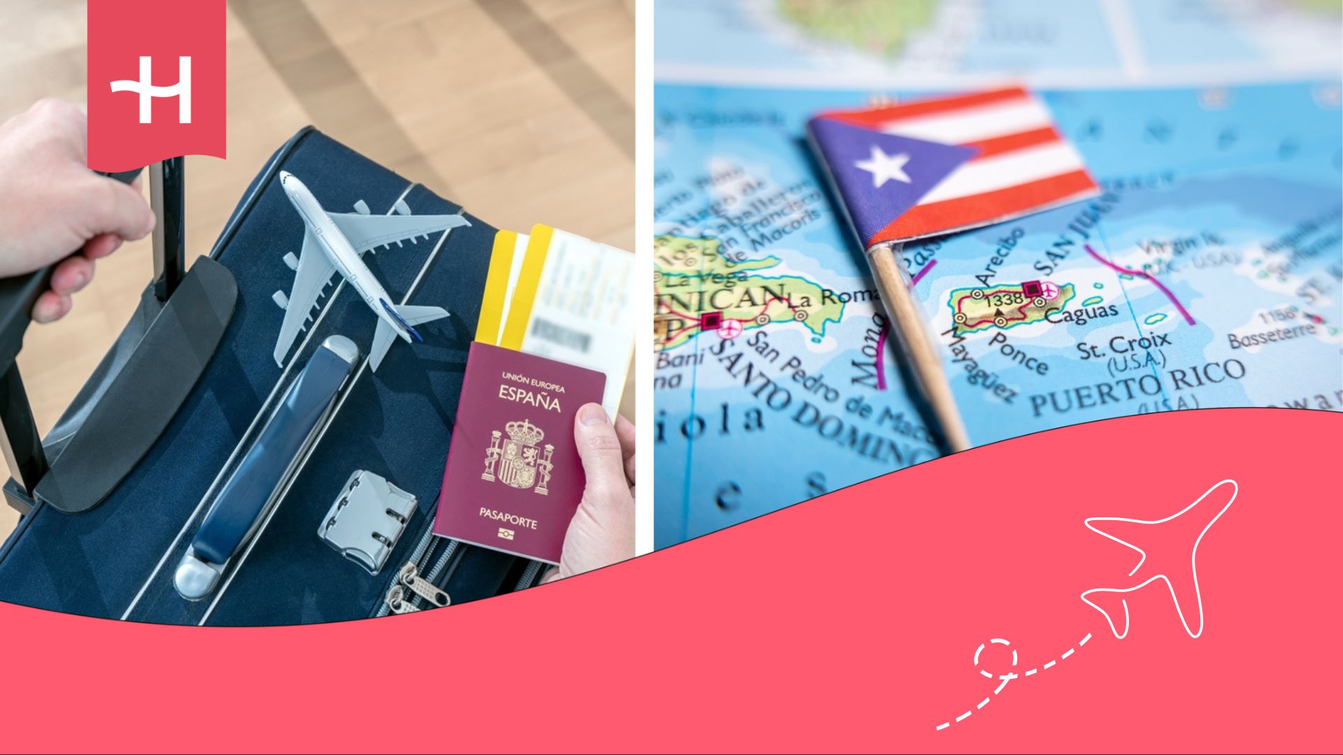Bandera de Puerto Rico y maleta con pasaporte de España.