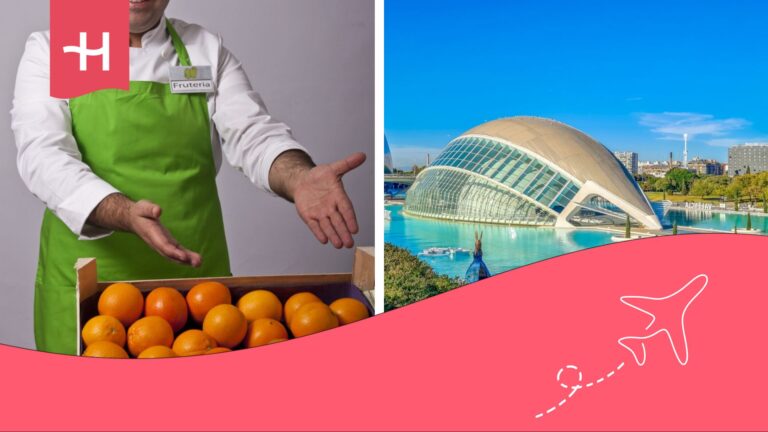 Ciudad de las Artes de Valencia y un frutero ofreciendo una caja de naranjas.