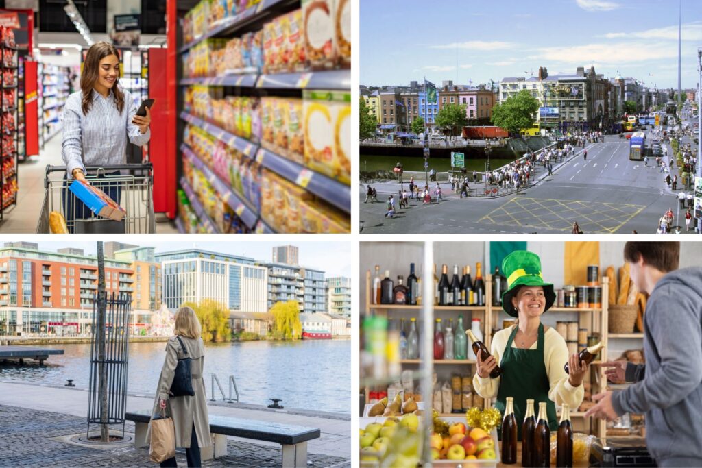 Mujer comprando en Dublín y calles principales de la ciudad