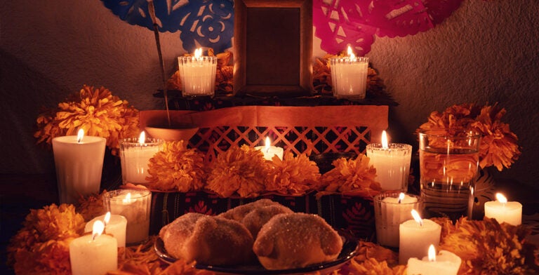 Altar con velas, flores de cempasúchil, pan de muerto, agua y otros elementos simbólicos del Día de Muertos