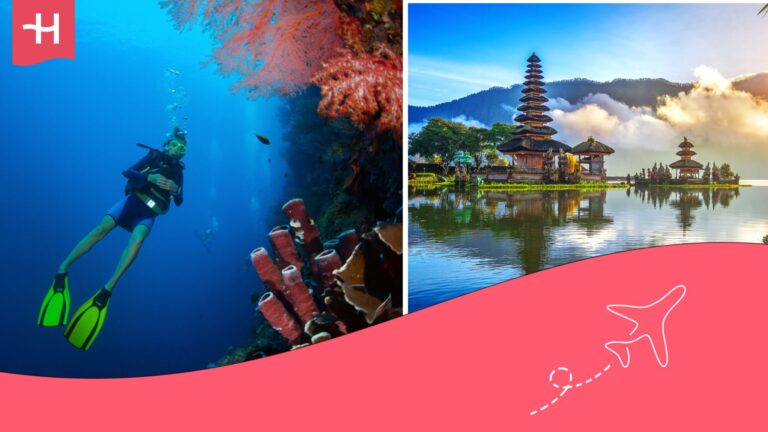 Persona buceando en Bali y en otra imagen un templo de la ciudad