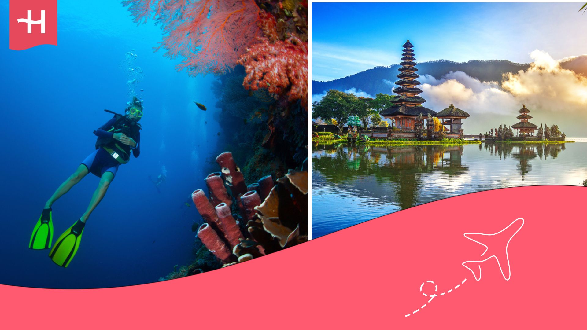 Persona buceando en Bali y en otra imagen un templo de la ciudad