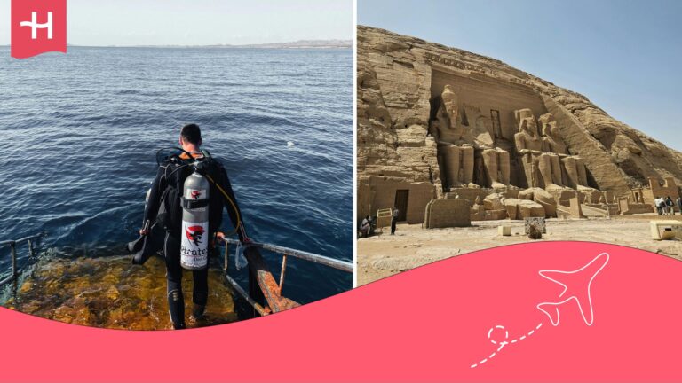 Buceador con equipo y en otra imagen pirámide de Egipto