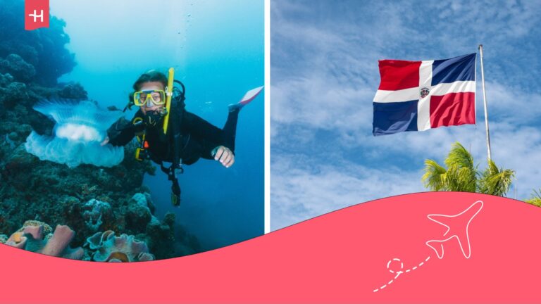 Persona buceando en una playa de la República Dominicana y en otra imagen la bandera del país.