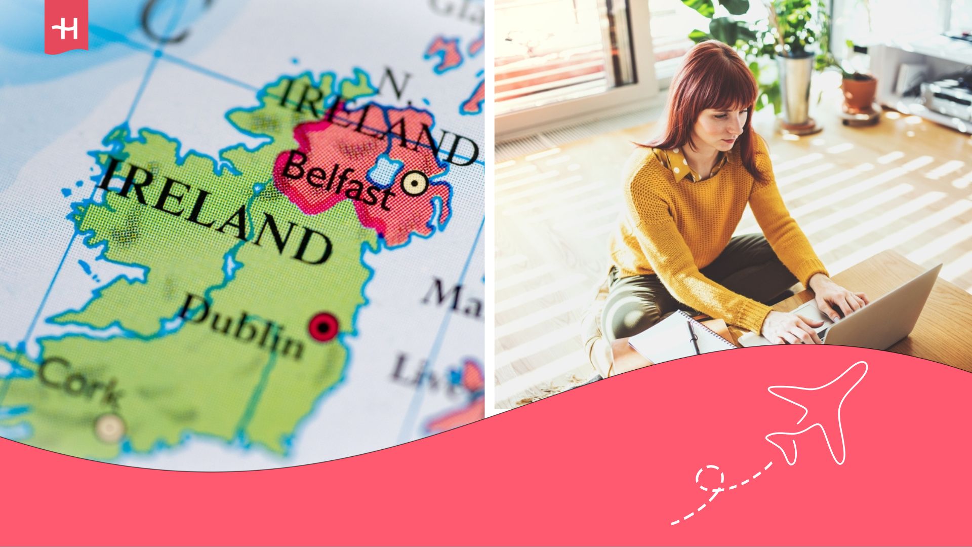 Mapa de Irlanda y en otra imagen mujer teletrabajando.