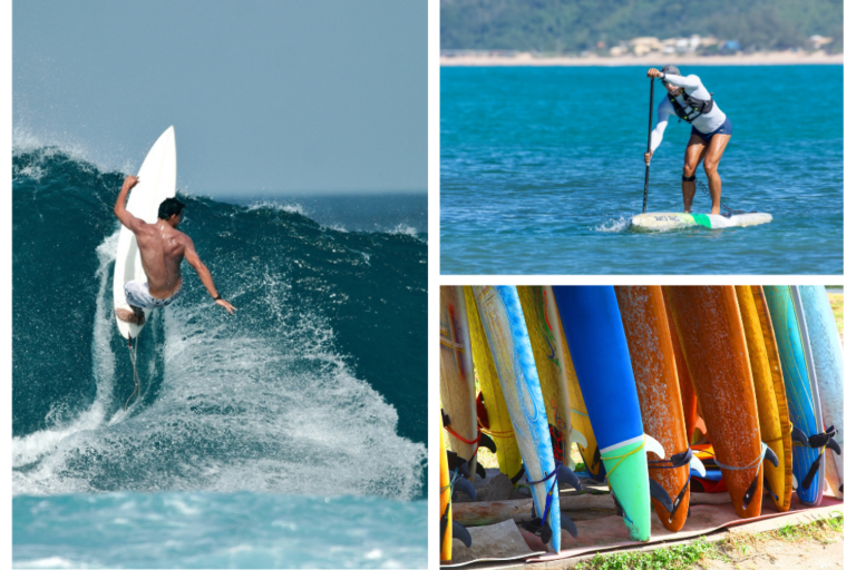 Imágenes de personas practicando surf en Buzios.