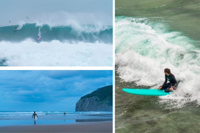 Surfistas dentro del mar en las playas de Cantabria.