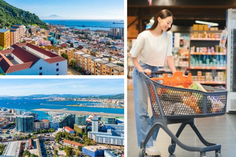 Ciudad y edificios en Gibraltar y en otra imagen mujer con carro de la compra en un supermercado.