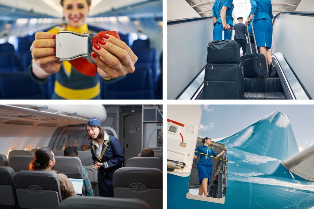 Azafatas de vuelo atendiendo a los pasajeros, llevando maletas o mostrando como se ata el cinturón de seguridad.