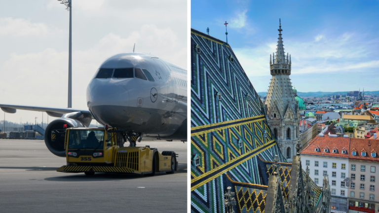 Avión en el aeropuerto de Viena Austria y una iglesia de Viena.